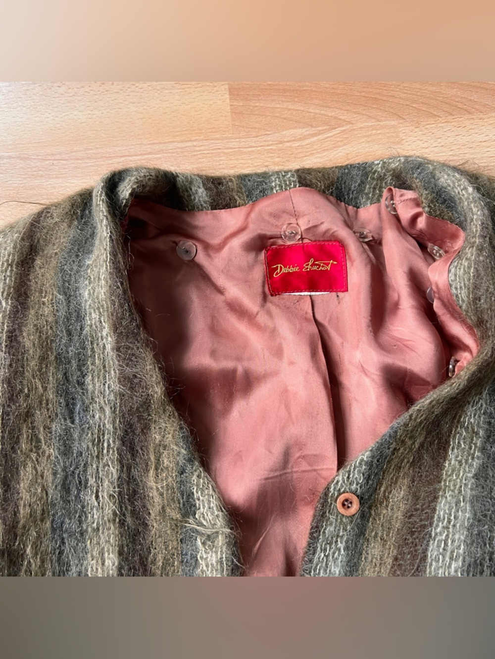 Fuzzy vintage 90s Mohair Bomber Jacket in Olive & Brown removable suede collar - Picture 10 of 12